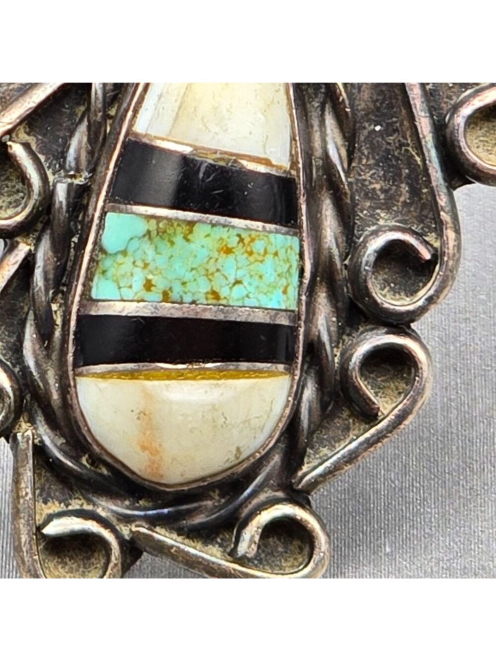 Vintage Southwestern 925 Sterling White Buffalo Turquoise Onyx Inlay Ring READ - Picture 2 of 15